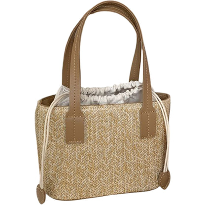 Summer PU Straw Woven Drawstring Handbag with Inner Zipper Pocket