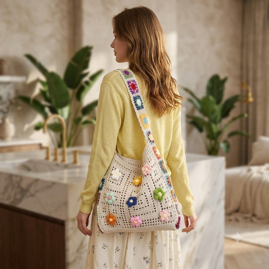 Women's Crochet Shoulder Bag with Daisy Applique and Wide Strap
