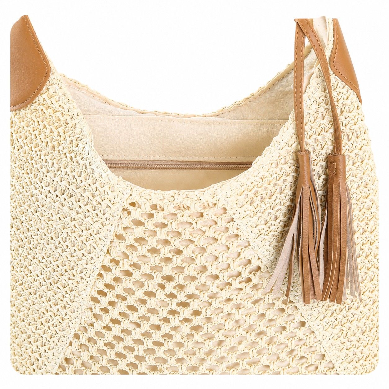 Woven Paper Fiber Shoulder Tote Bag Large Capacity Crochet Handbag with Tassel Accent