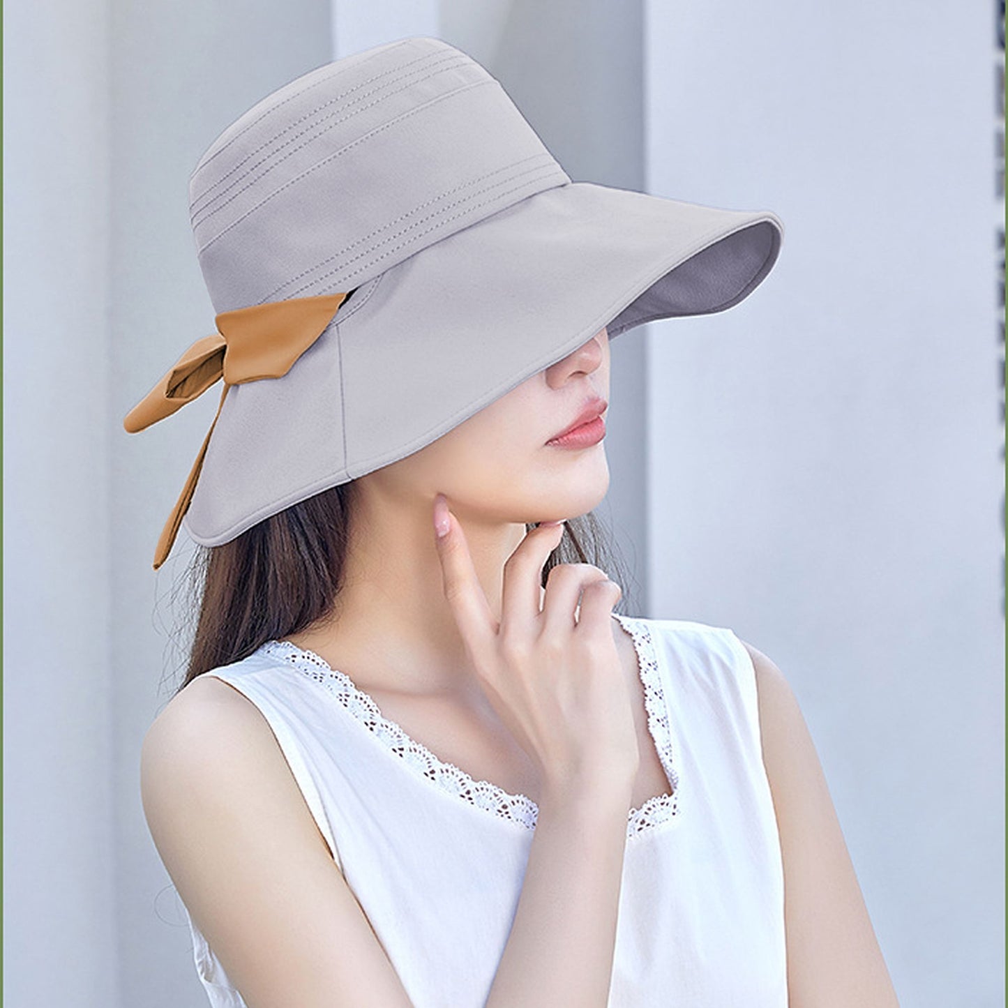 Foldable Wide - Brim Sun Hat with Bow Accent