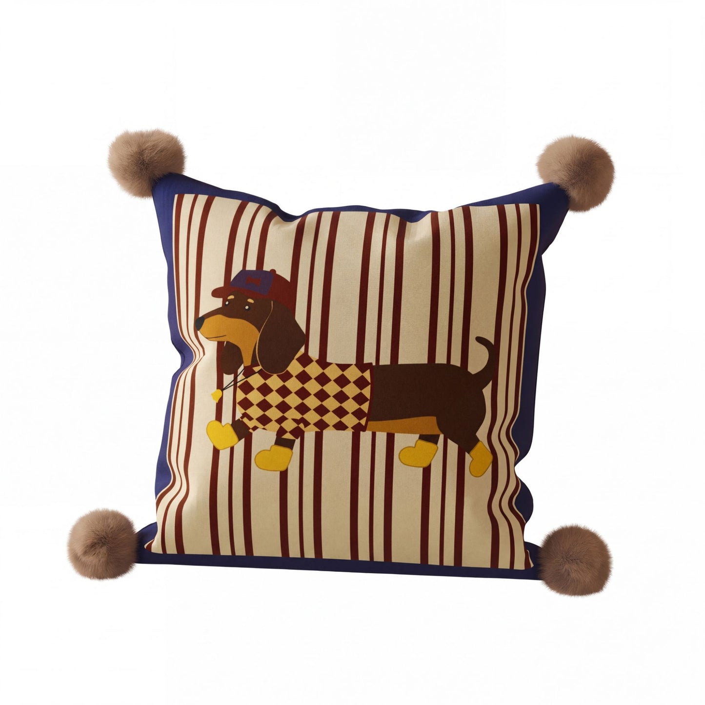 Dachshund Dog Print Decorative Throw Pillow Cover with Pom Pom Corners and Hidden Zipper