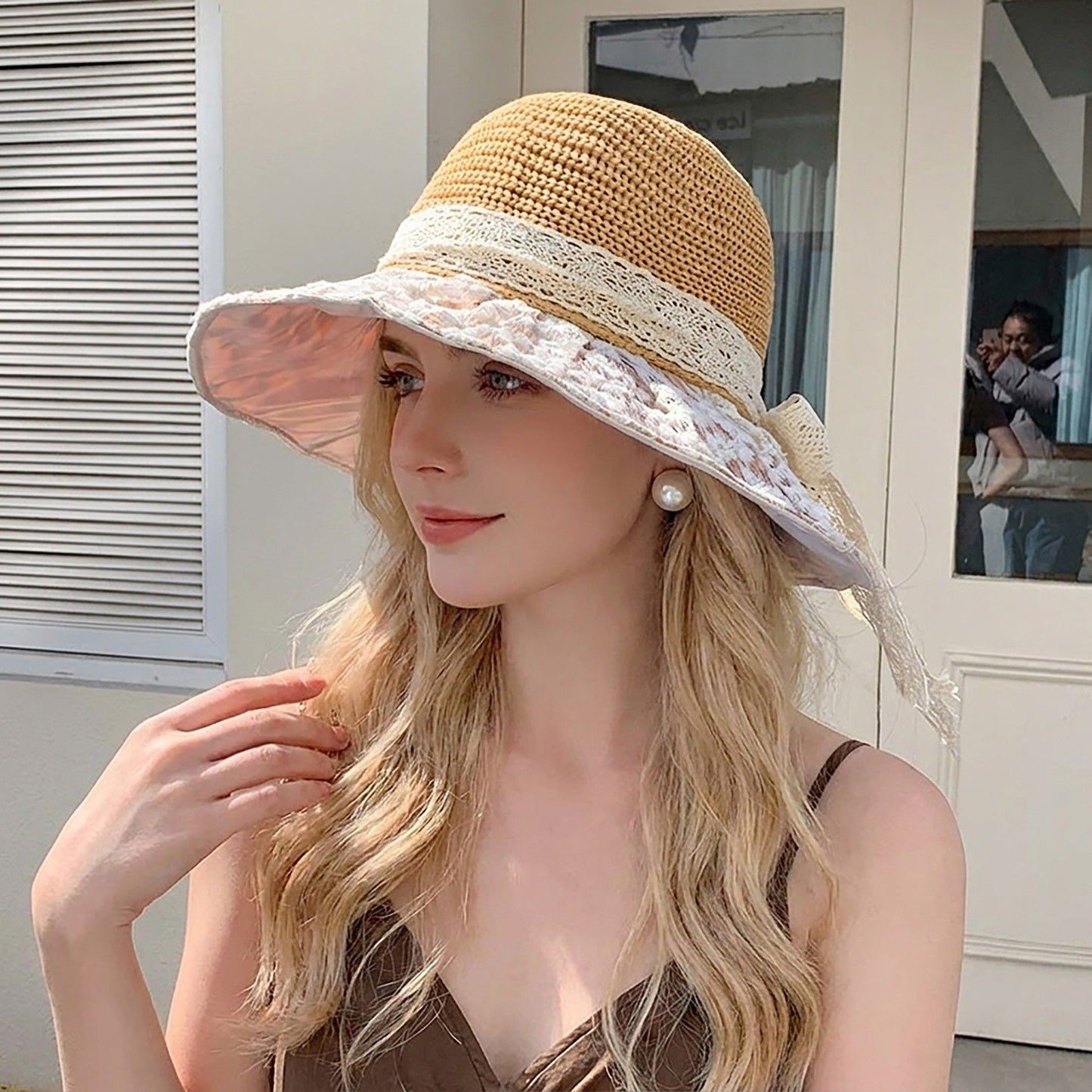 Crochet Sun Hat with Lace Bow Accent and Embroidered Sheer Wide Brim