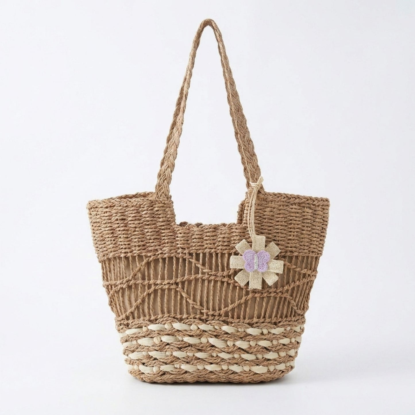 Woven Look Straw Tote Bag with Braided Handles and Charm Detail