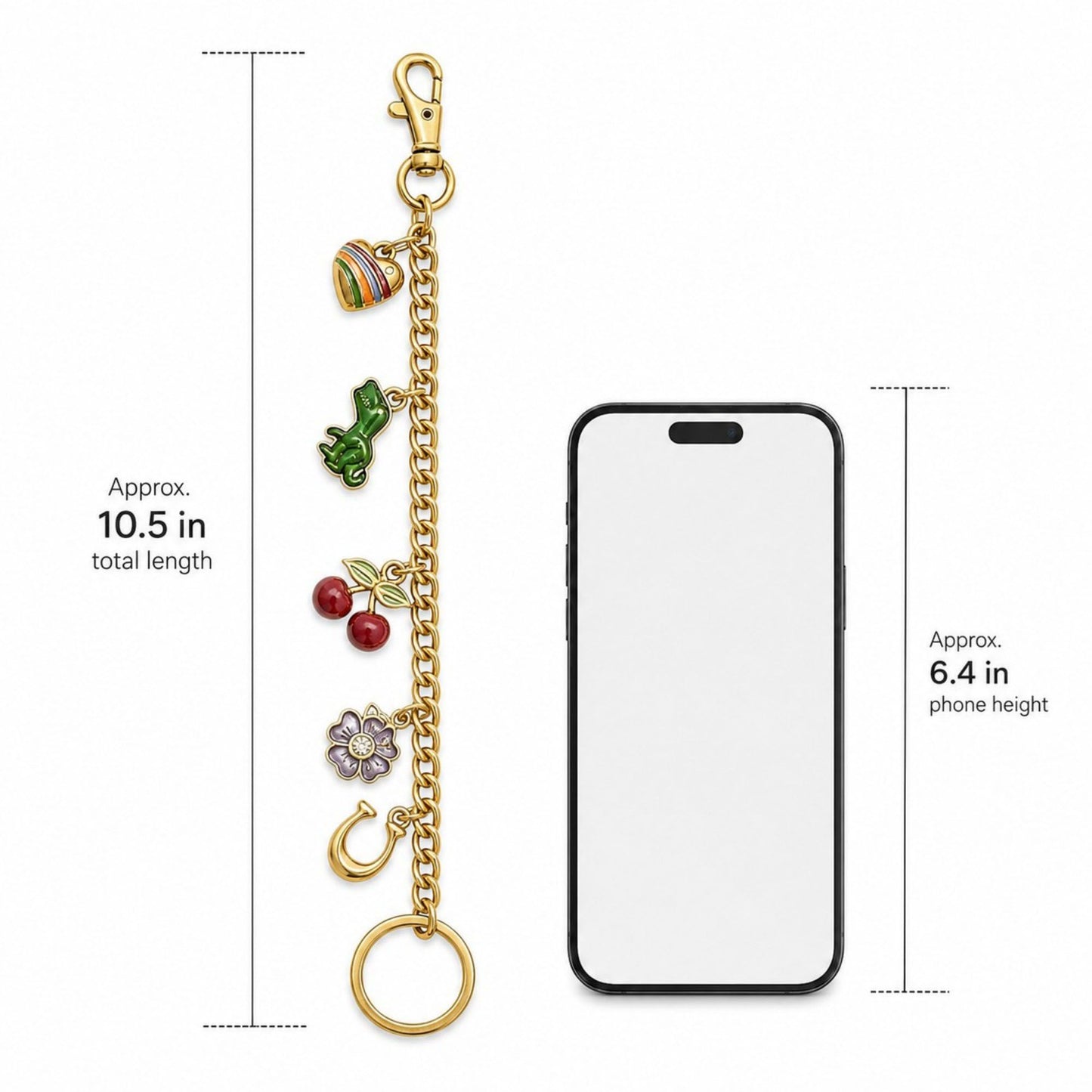 Gold Tone Charm Chain Bag Accessory with Cherry Dinosaur Heart Flower and Horseshoe Accents