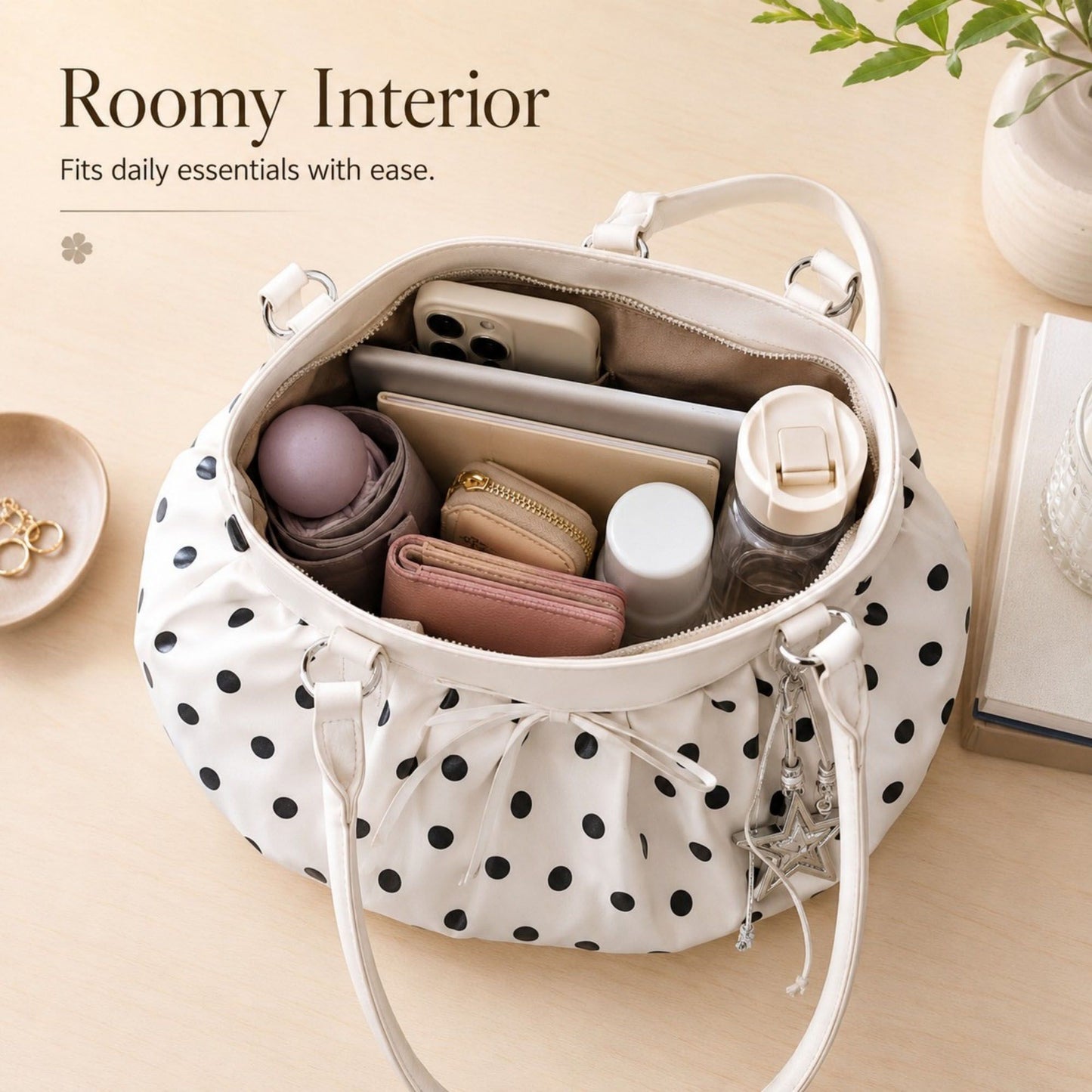 Polka Dot Ruched Shoulder Bag with Bow Detail and Metal Charm