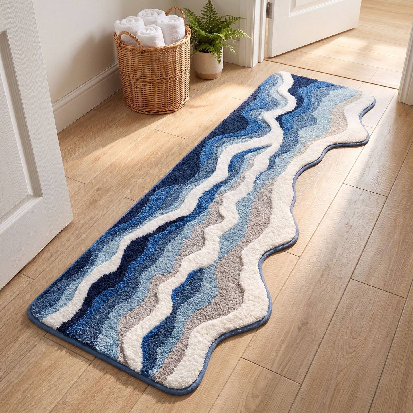 Abstract Ocean Wave Plush Bathroom Mat with Irregular Scalloped Edge