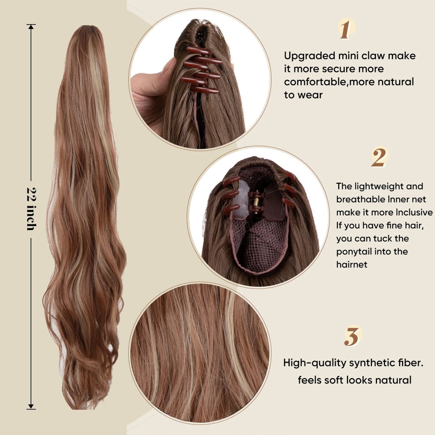 Claw Clip Ponytail Extensions for Women 22 Inch Long Wavy Fluffy Synthetic Ponytail Hairpiece