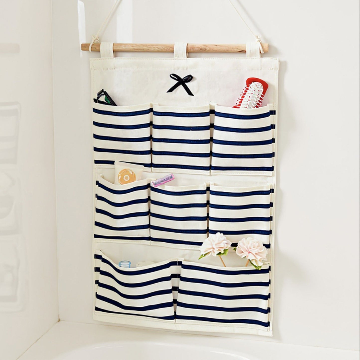 Hanging Wall Organizer with Navy Striped Pockets and Wooden Hanger 19.3x13.5 in