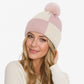 Color Block Knit Beanie Winter Hat with Pom and Plush Lining