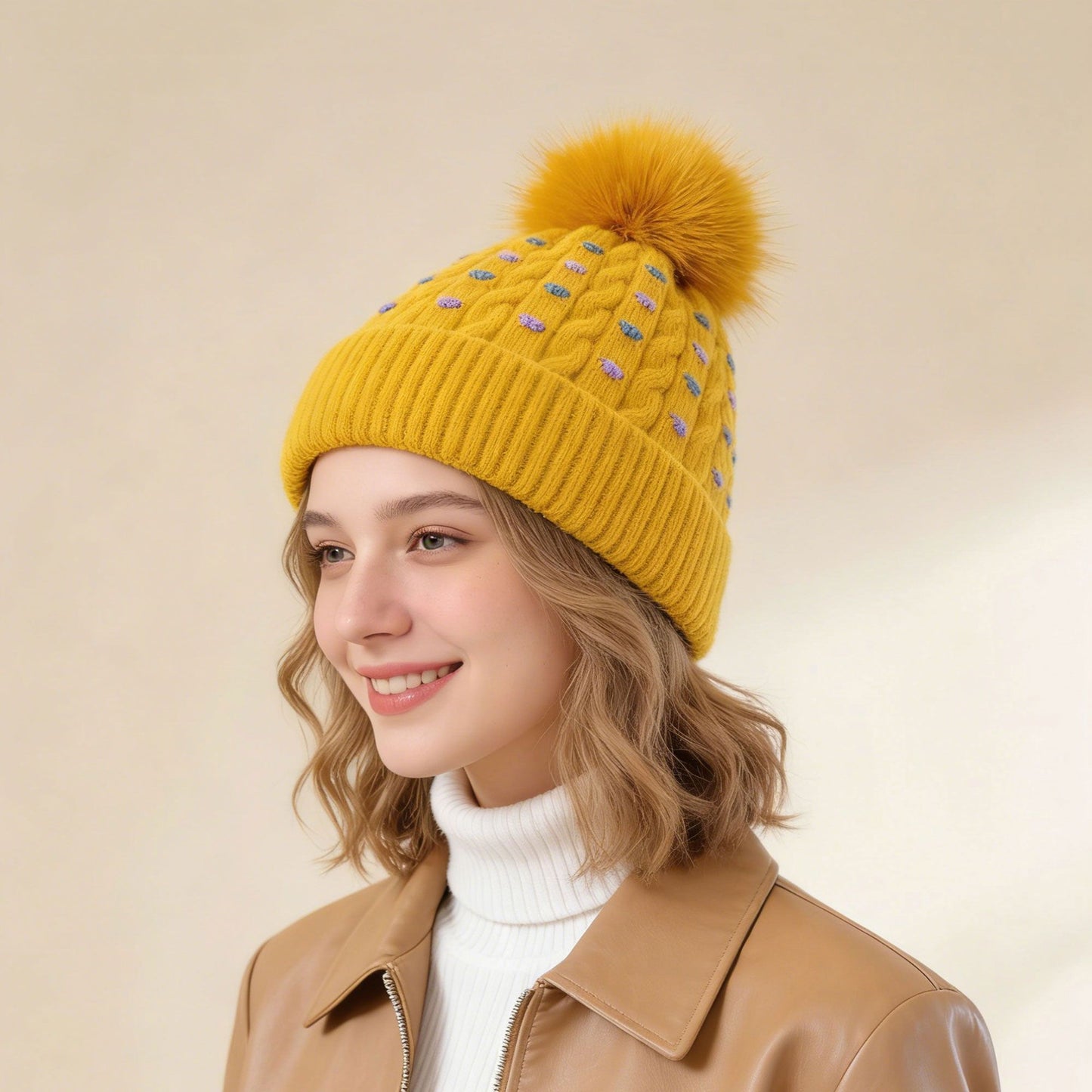 Knit Beanie with Large Faux Fur Pom-Pom - Winter Hat with Embroidered Accents
