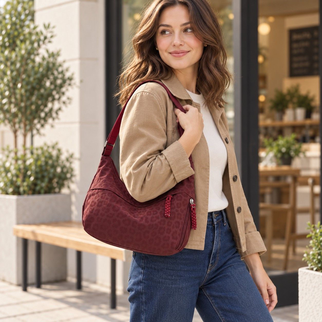 Leopard Faux Suede Hobo Crossbody Bag with Adjustable Strap and Zip Closure
