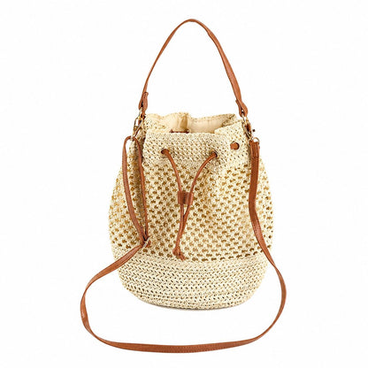 Woven Paper Fiber Bucket Bag Adjustable Strap Crochet Shoulder Handbag with Drawstring Closure