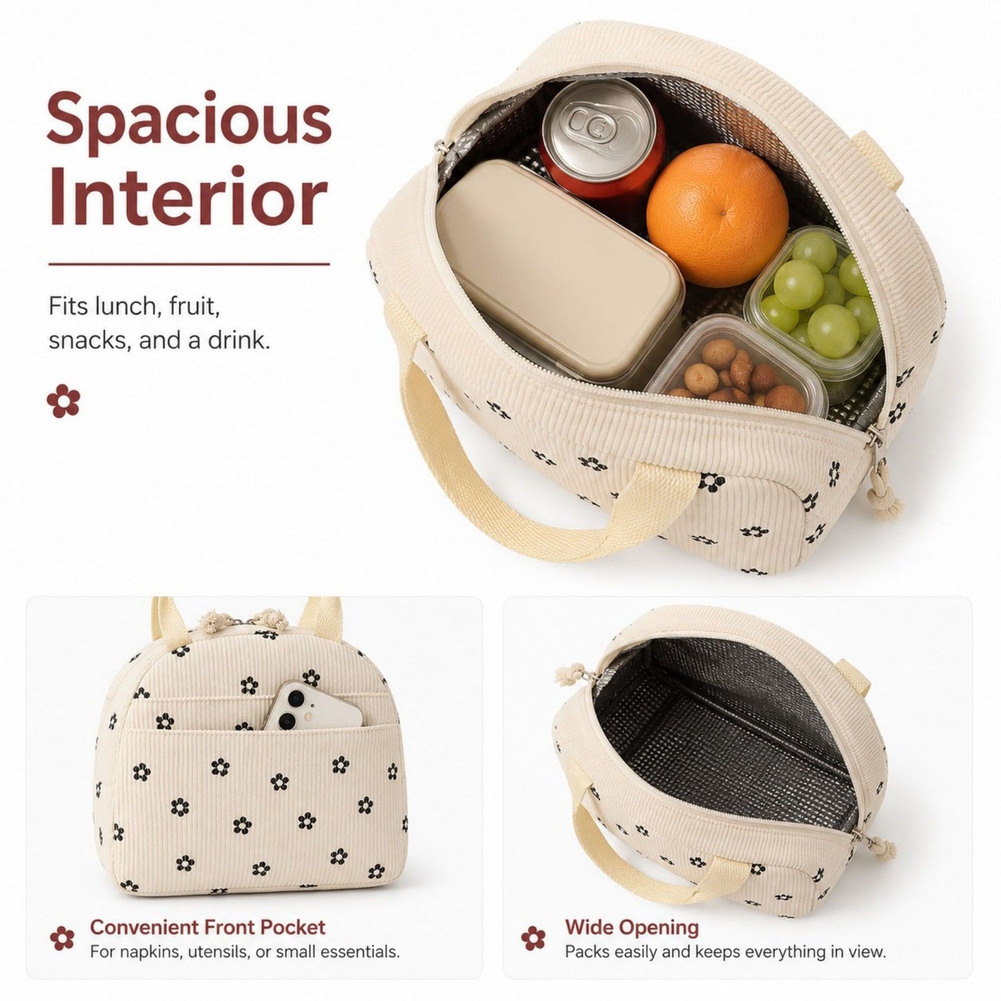 Heart Print Corduroy Insulated Lunch Bag with Handles and Zip Closure
