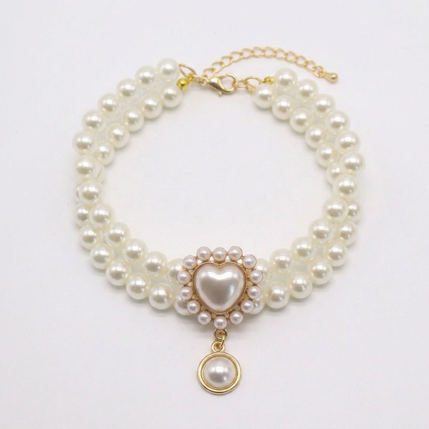Double Strand Faux Pearl Pet Necklace Heart Gem Pendant Adjustable Collar Jewelry for Cats and Small Dogs