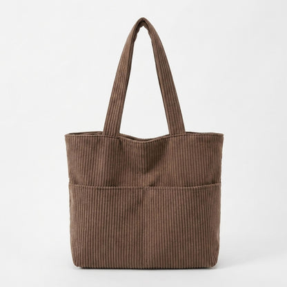 Corduroy Tote Bag Large Capacity Shoulder Bag with Front Pocket and Zipper Closure