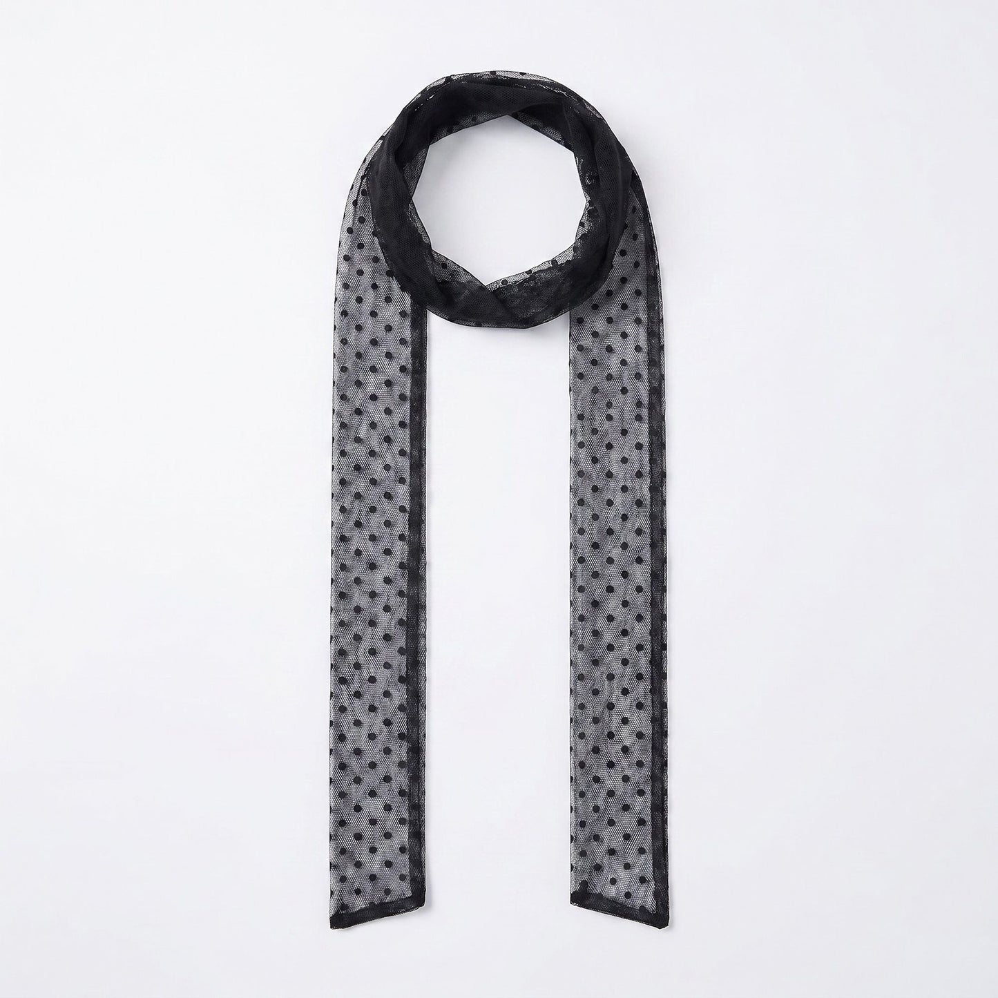 Sheer Skinny Scarf with Flocked Dot Texture and Long Neck Tie Design