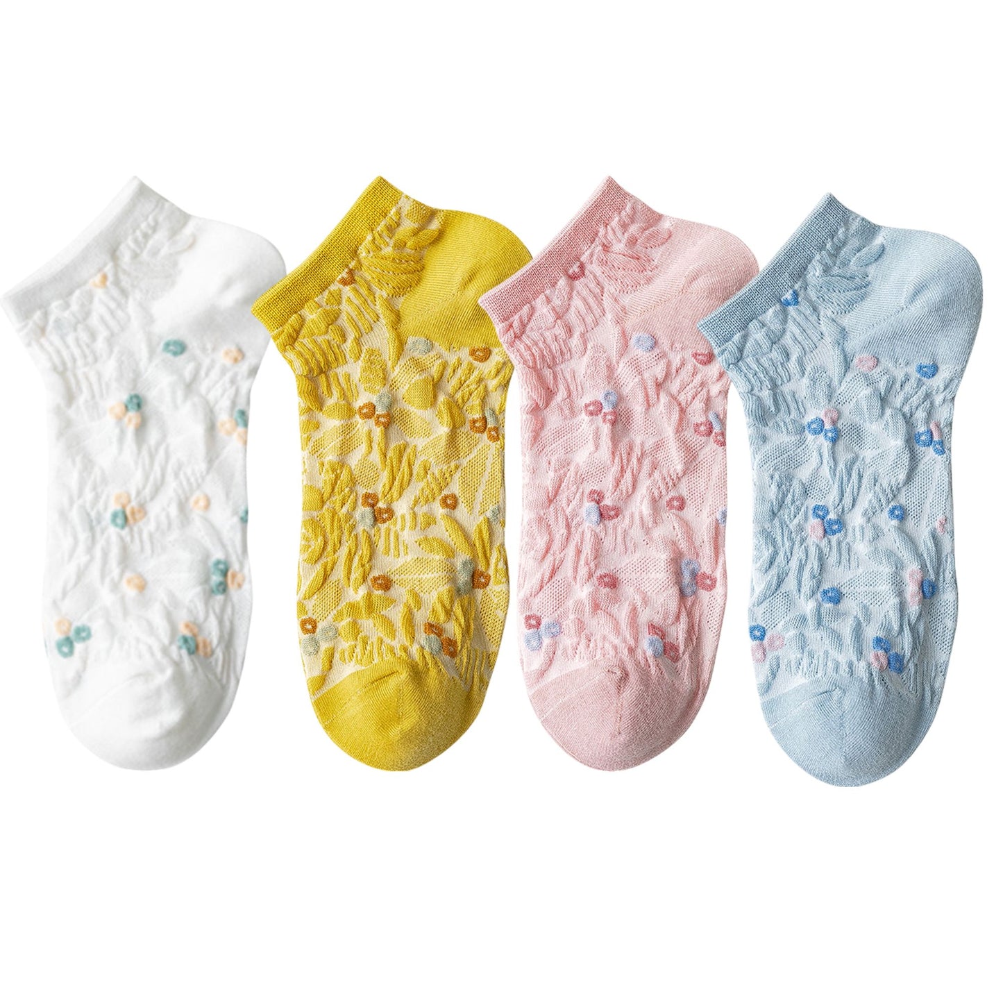 4 Pairs Women's Low-Cut Floral Embroidered Socks Soft Combed Cotton Breathable Fit for Sneakers Flats and Everyday Casual Wear