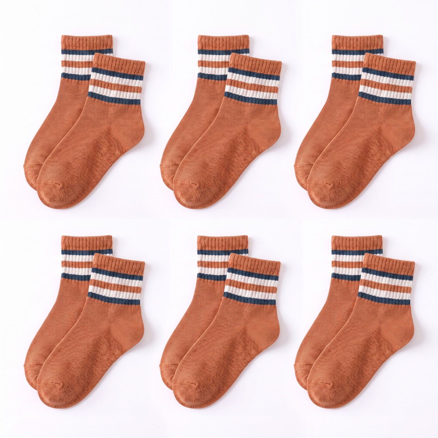 6 Pair Striped Crew Socks with Ribbed Cuffs