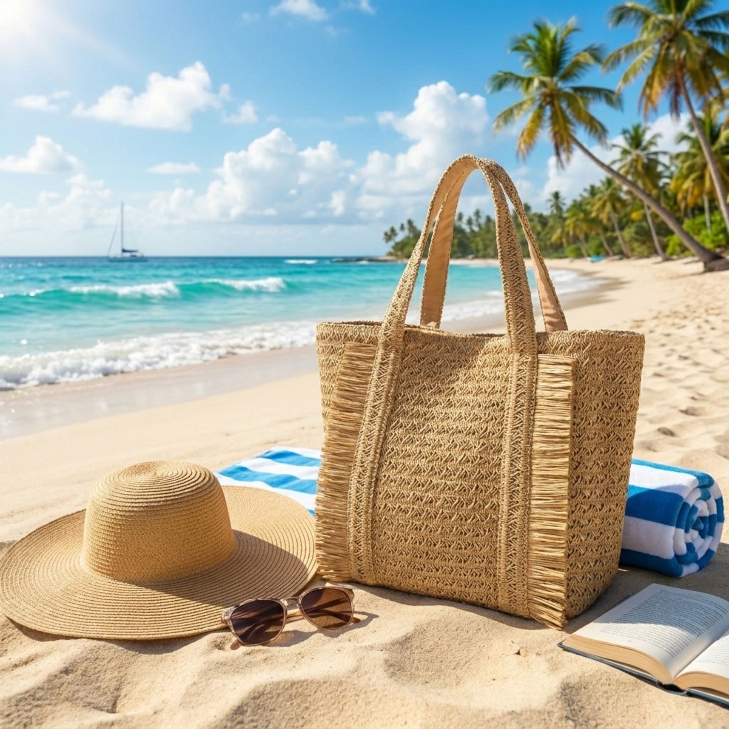 Woven Tote Bag with Fringe Detail and Shoulder Handles