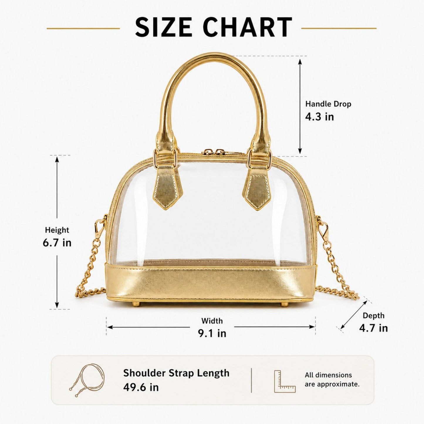Clear PVC Mini Satchel Bag with Zipper Top and Detachable Chain Strap