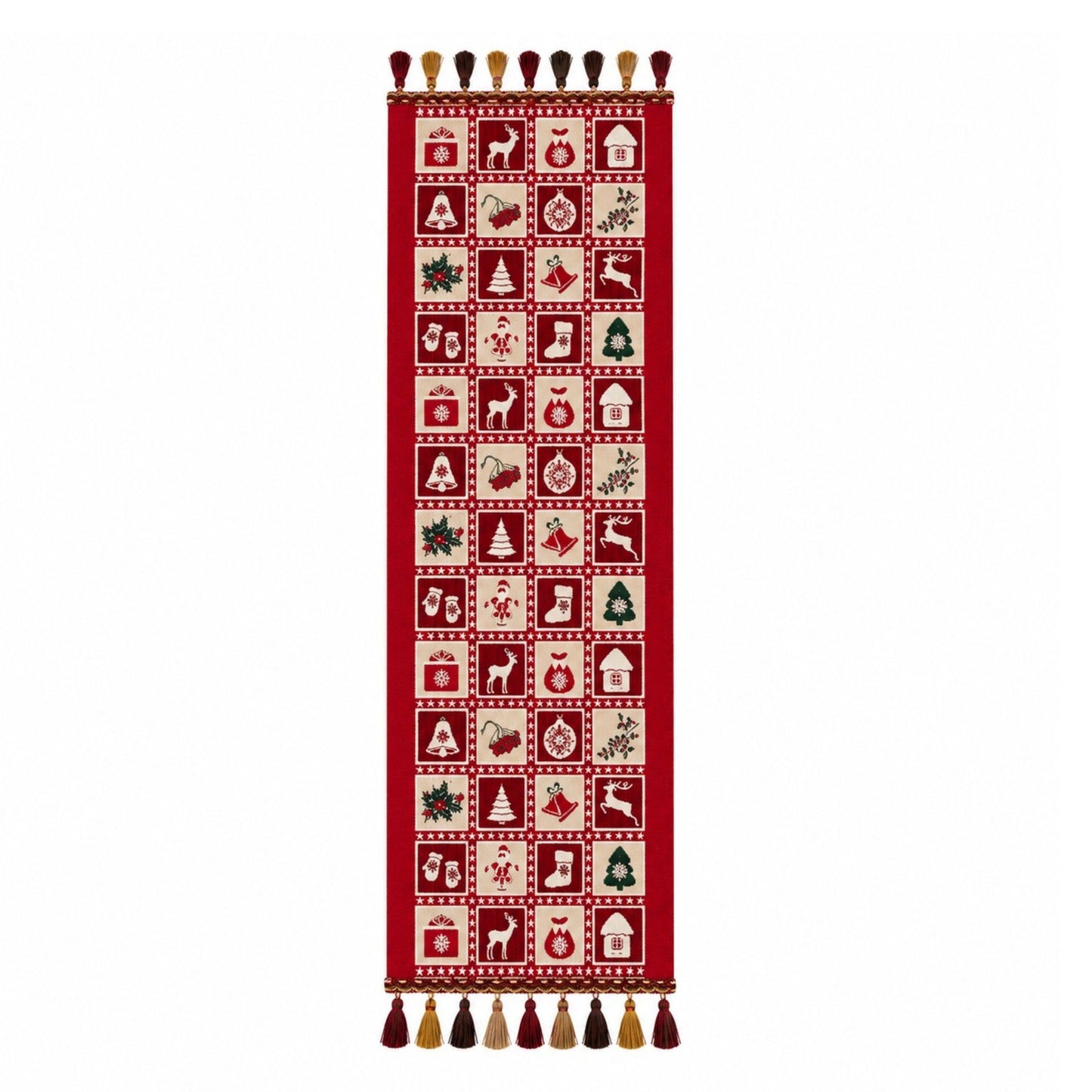Christmas Patchwork Table Runner with Tassels for Holiday Dining Table Decor