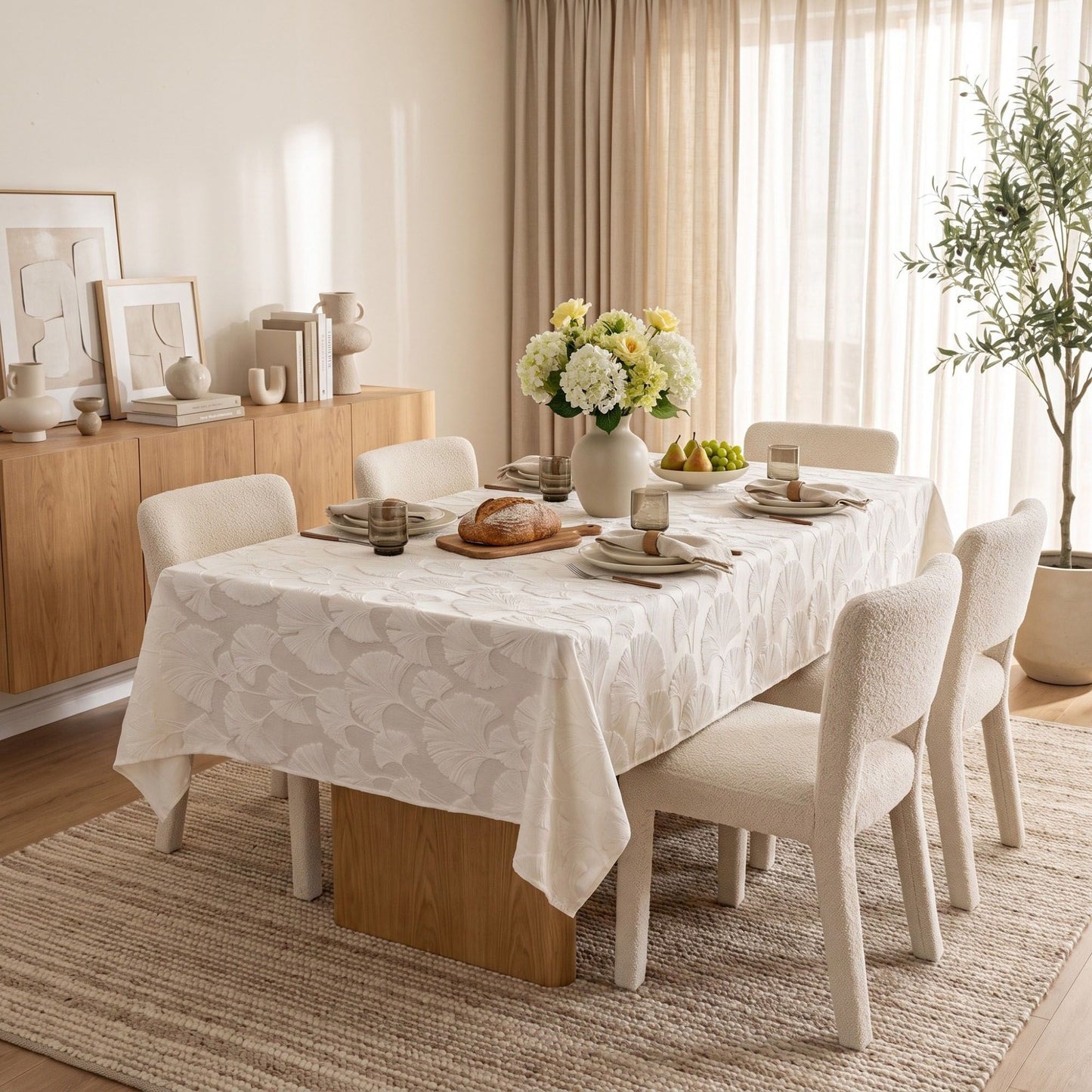 White Textured Ginkgo Leaf Square Tablecloth 33.5x33.5in