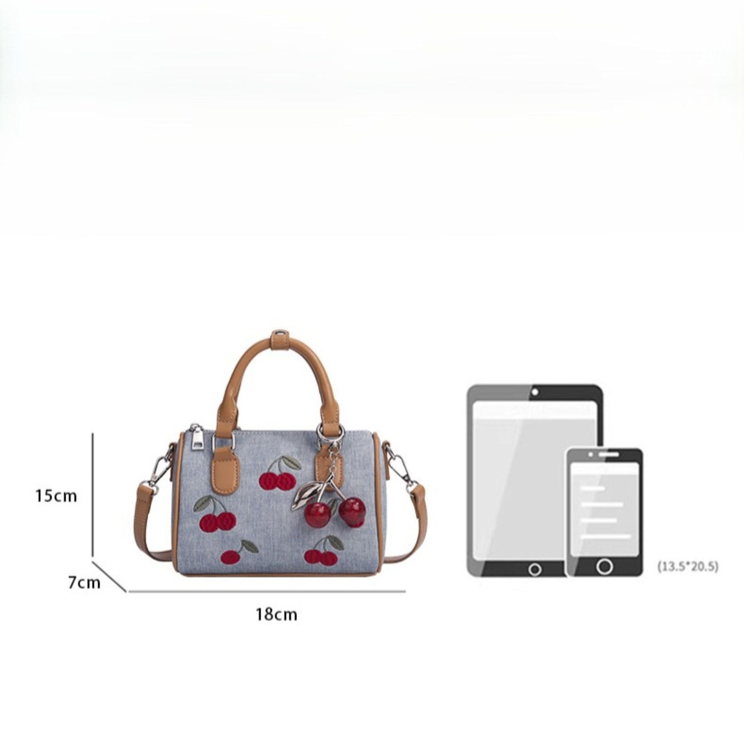 Denim Cherry Boston Handbag with Top Handles