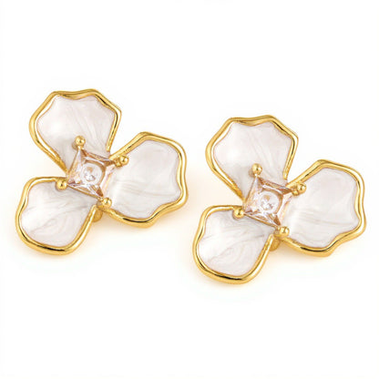 Women's Floral Stud Earrings with Gold Trim, Iridescent Petal Details and Sparkling Center Gemstone Accents for Elegant Style