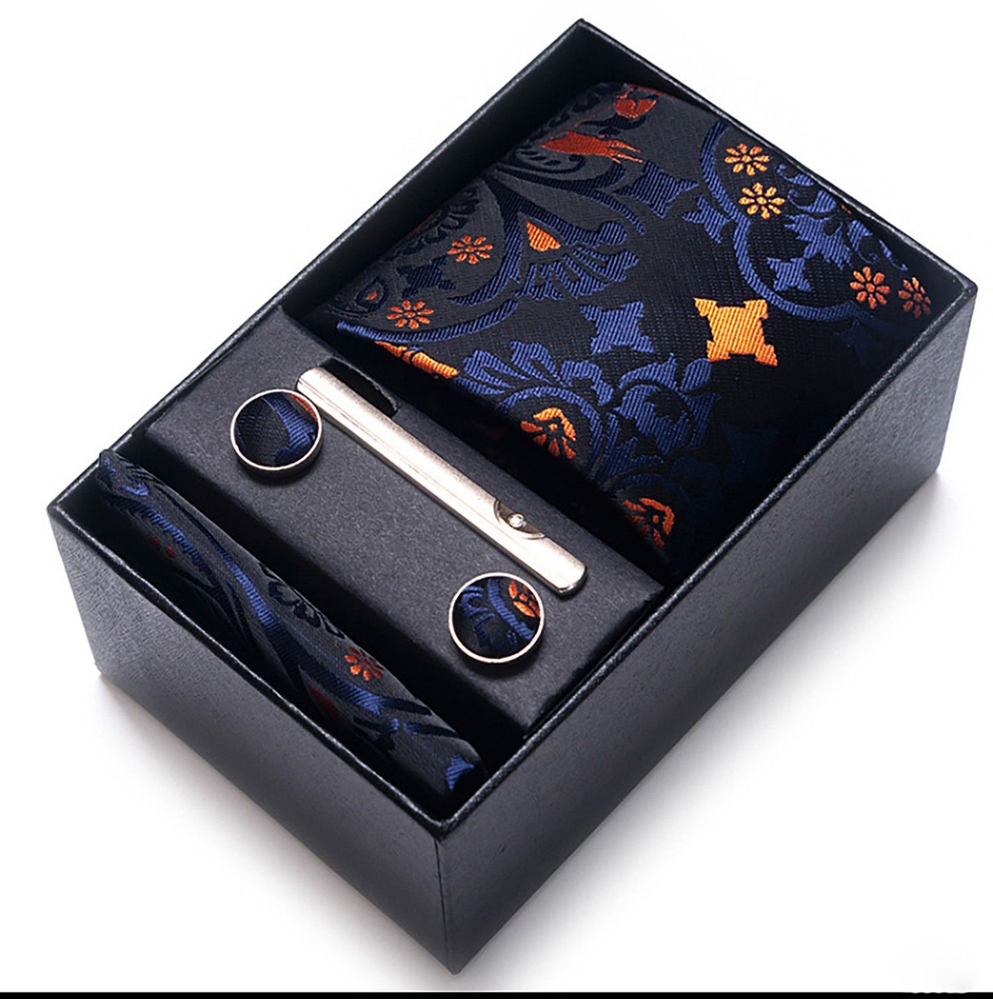 Men's Floral Pattern Tie Gift Set with Matching Pocket Square Cufflinks and Silver Tie Clip