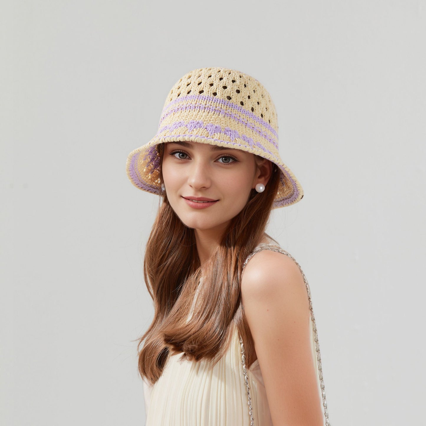 Crochet Knit Bucket Hat with Openwork Floral Pattern and Rolled Brim for Lightweight Summer Style