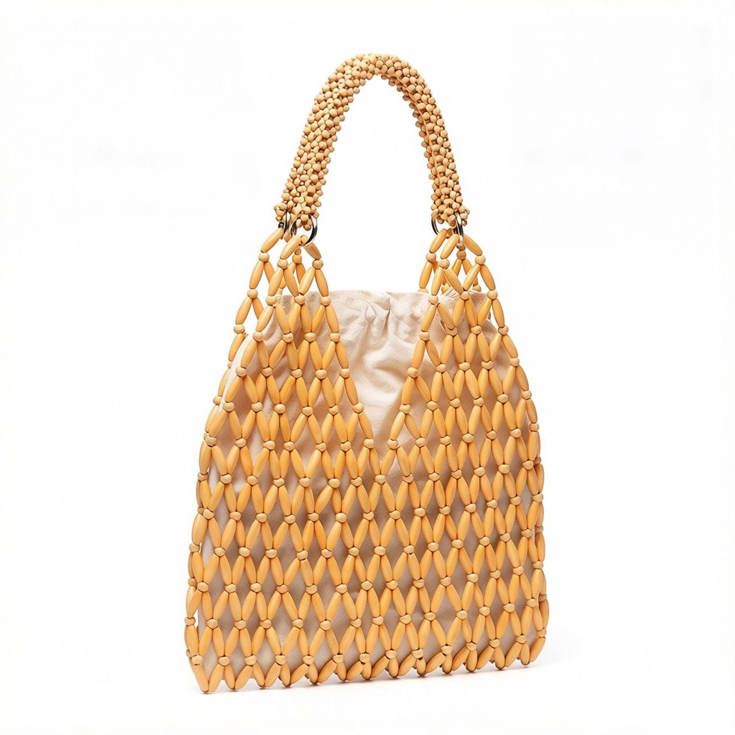 Beaded Tote Bag with Inner Pouch Soft Structured Wooden Bead Handbag Open Weave Shoulder Bag Lightweight Carryall