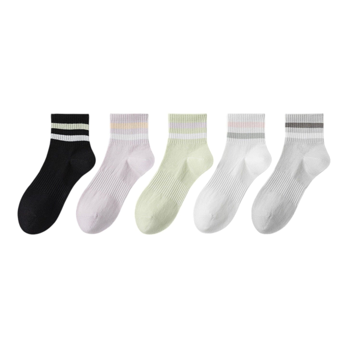 5 Pairs Women Cotton Ankle Socks with Pastel Striped Cuffs Soft Breathable Knit Fabric for Everyday Comfort