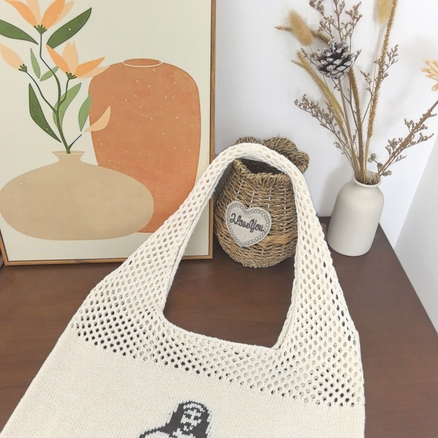 Knit Shoulder Bag with Open Mesh Detail Soft Slouchy Tote and Graphic Front Design for Casual Carry