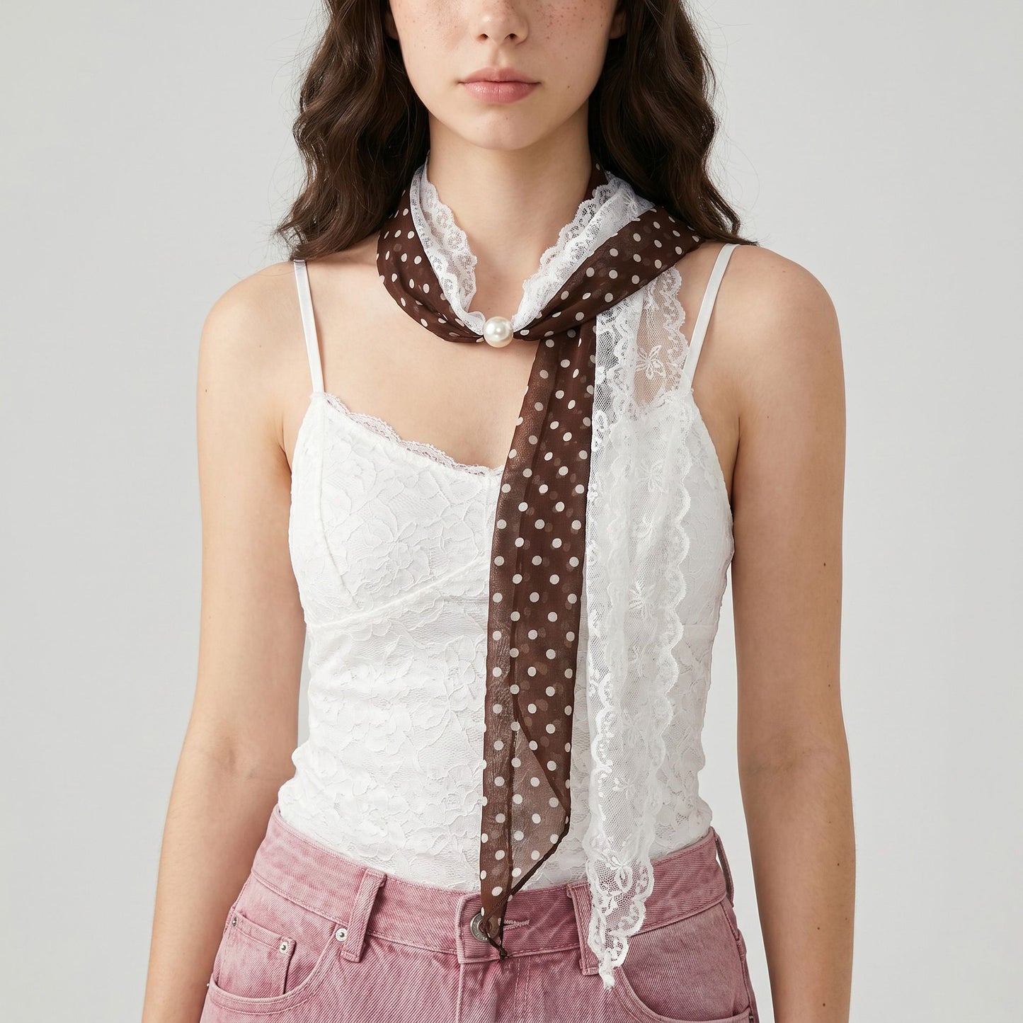 Sheer Skinny Scarf with Lace Trim Faux Pearl Accent and Long Neck Tie Design