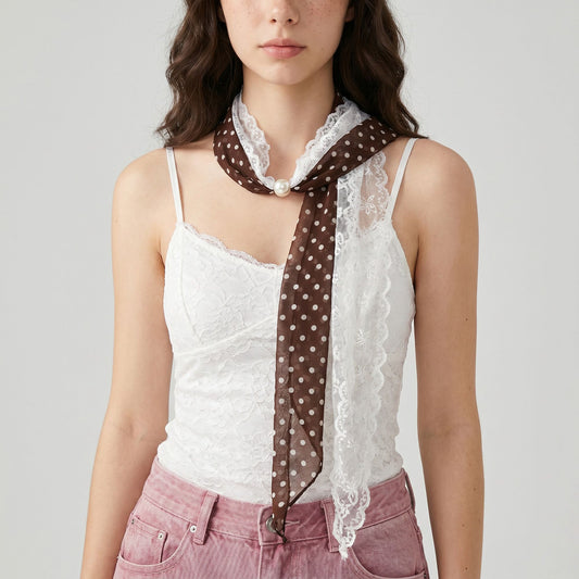 Sheer Skinny Scarf with Lace Trim Faux Pearl Accent and Long Neck Tie Design