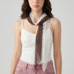Sheer Skinny Scarf with Lace Trim Faux Pearl Accent and Long Neck Tie Design