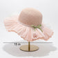 Wide Brim Straw Sun Hat with Pleated Sheer Brim Bow Accent and Floral Trim