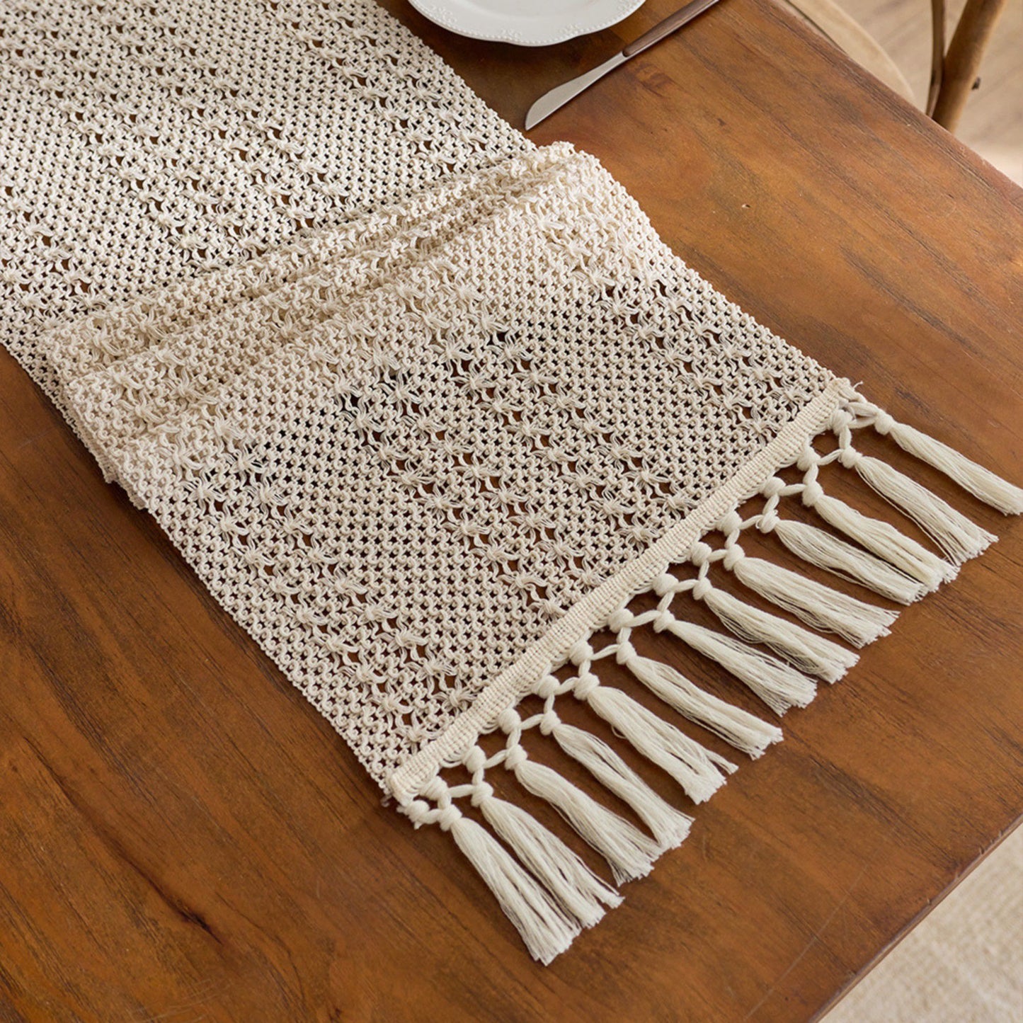 Textured Woven Table Runner with Fringe Edges and Bohemian Stripe Pattern 47x11.8 in