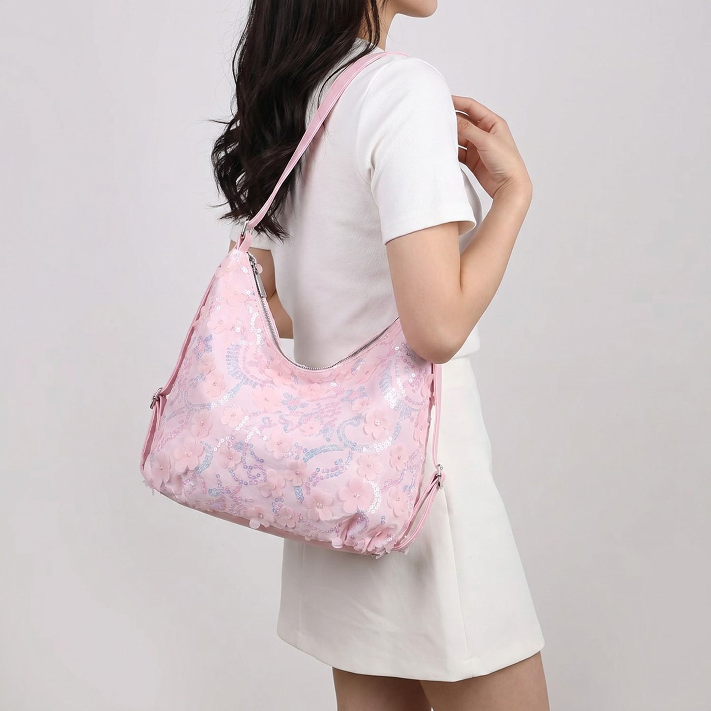 Floral Sequin Hobo Shoulder Bag with 3D Applique Details and Adjustable Strap