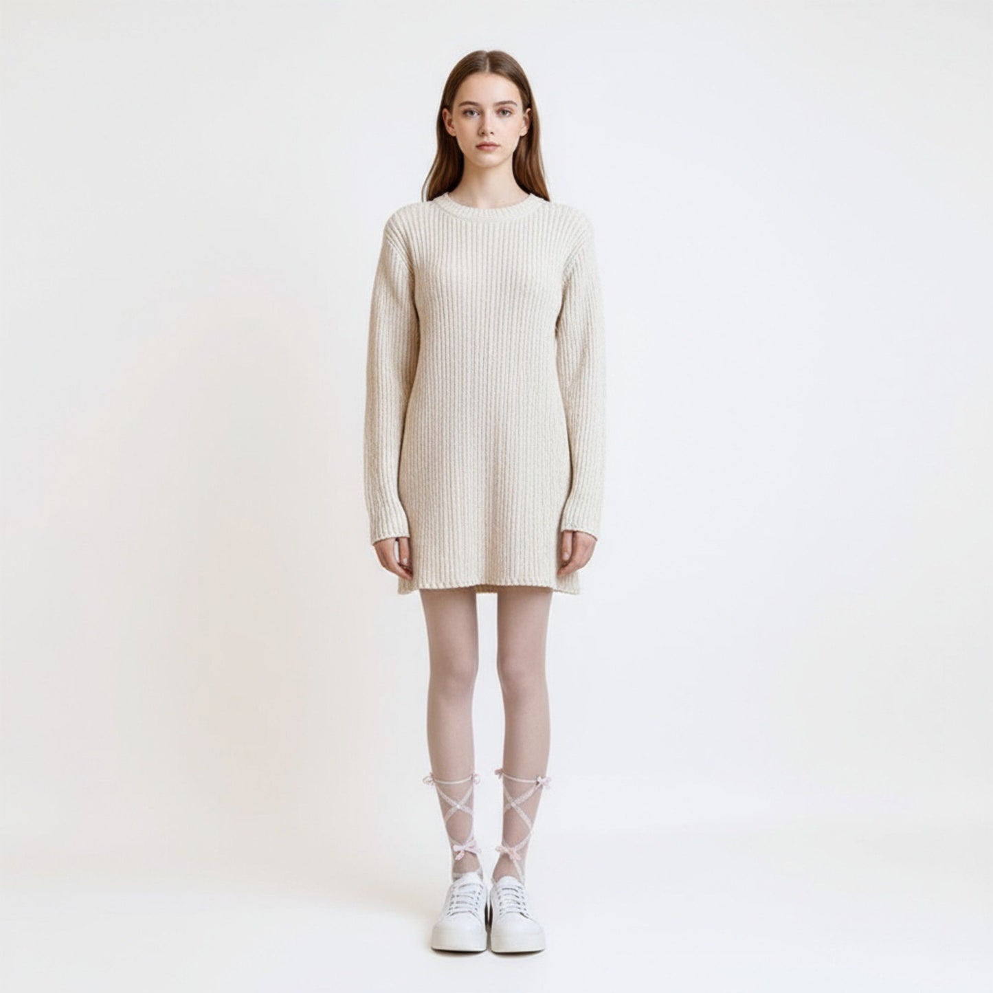 Sheer Tights with Crisscross Lace Ribbon and Bow Detail at Ankles