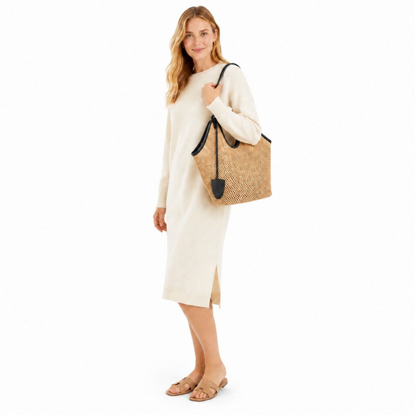 Woven Straw Style Tote Bag Large Capacity Shoulder Bag with Faux Leather Trim