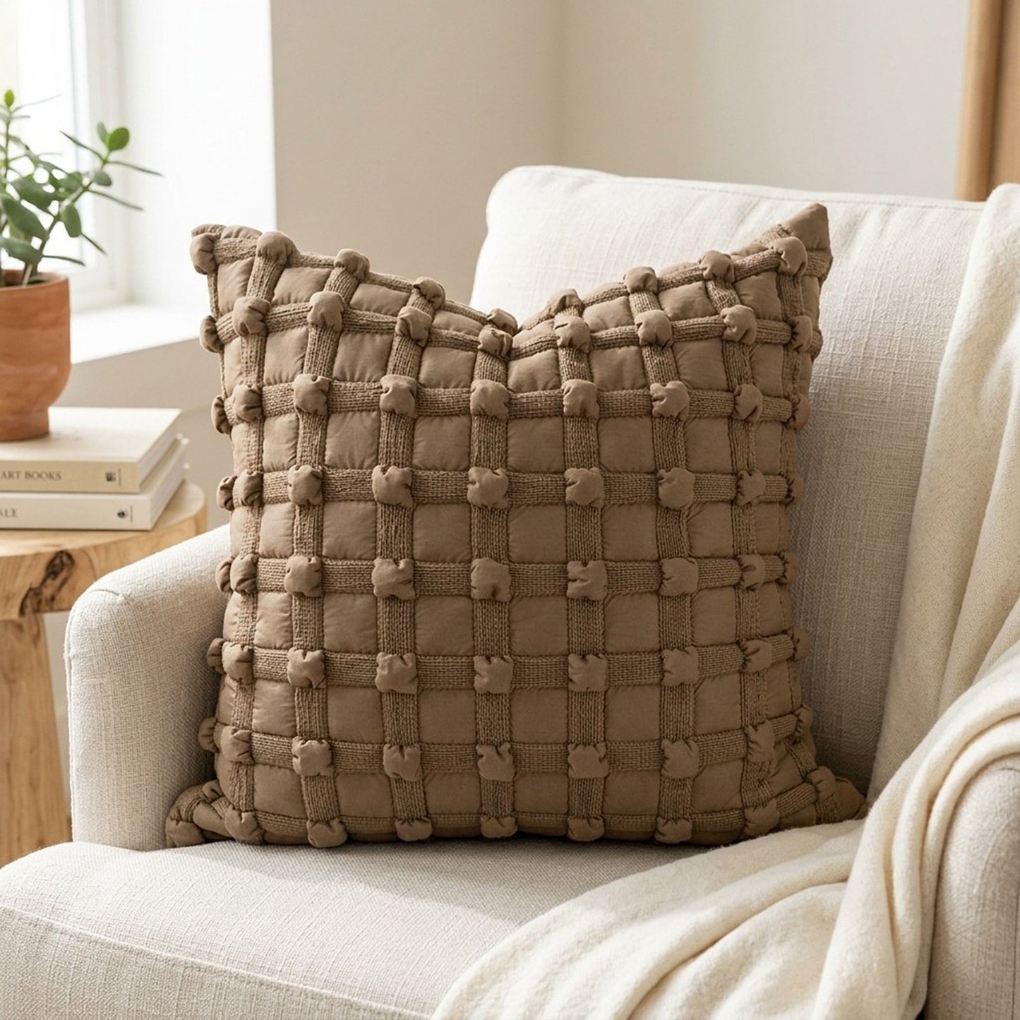 Textured Woven Grid Square Decorative Throw Pillow Cover
