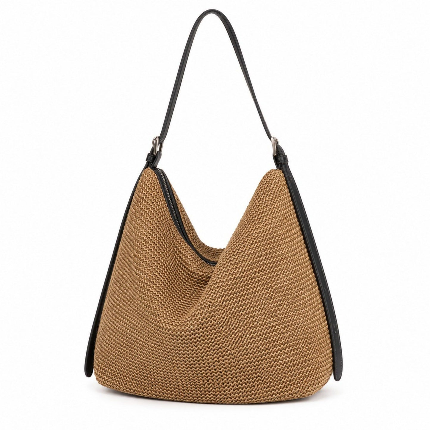 Woven Hobo Shoulder Bag with Zip Top and Large Capacity