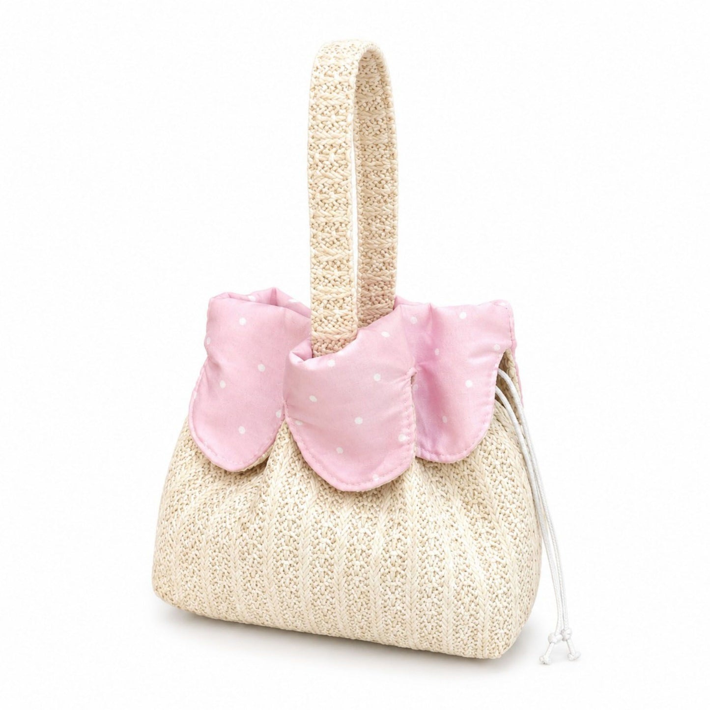 Textured Knit Drawstring Handbag with Floral Petal Trim, Dual Handles and Compact Cosmetic Storage Design