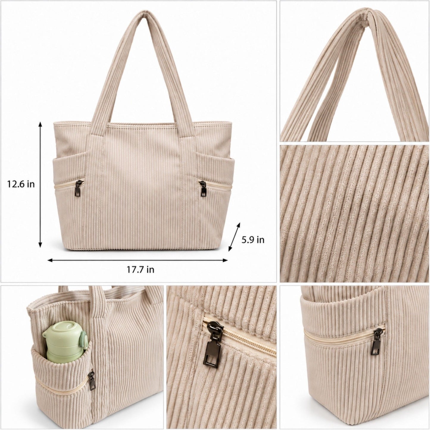 Large Corduroy Tote Bag with Zipper Pockets