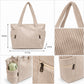 Large Corduroy Tote Bag with Zipper Pockets