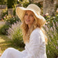 Wide Brim Straw Sun Hat with Sheer Lace Overlay Bow Accent and Scalloped Edge