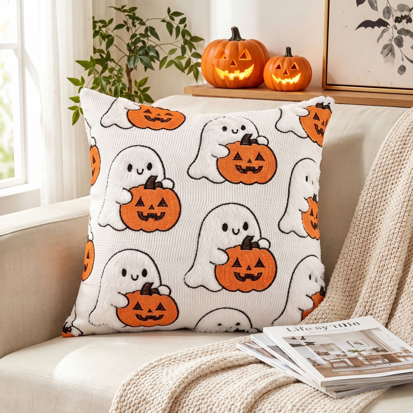 Halloween Ghost Pumpkin Textured Decorative Throw Pillow Cover Square Cushion for Sofa Bed Chair