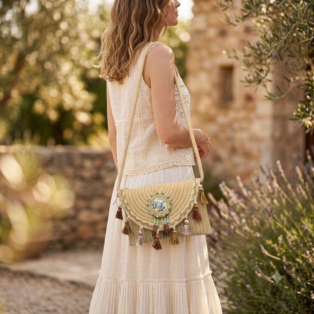 Women's Woven Crossbody Bag with Beaded Medallion Tassel Flap and Long Strap