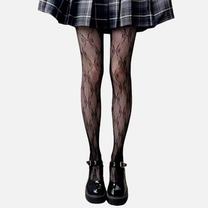 3-Piece Set Bow Pattern Mesh Tights with Soft Stretch Knit, Intricate Allover Detail, and Sheer Finish